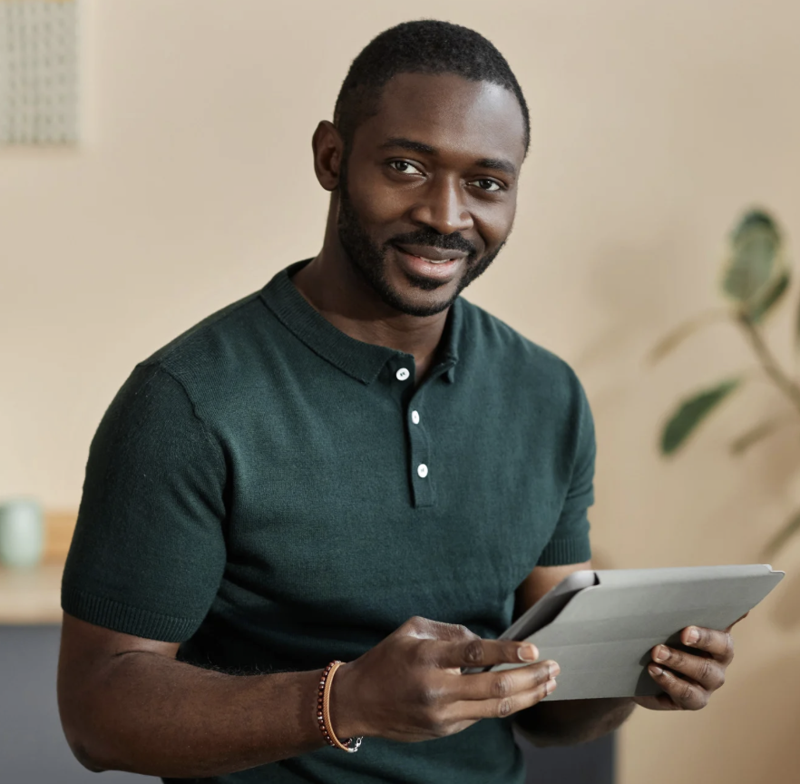 Middle-aged man happy with hybrid pension