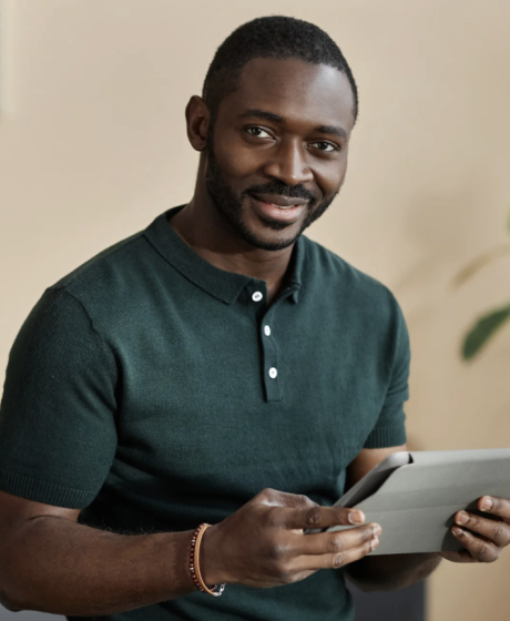 Middle-aged man happy with hybrid pension